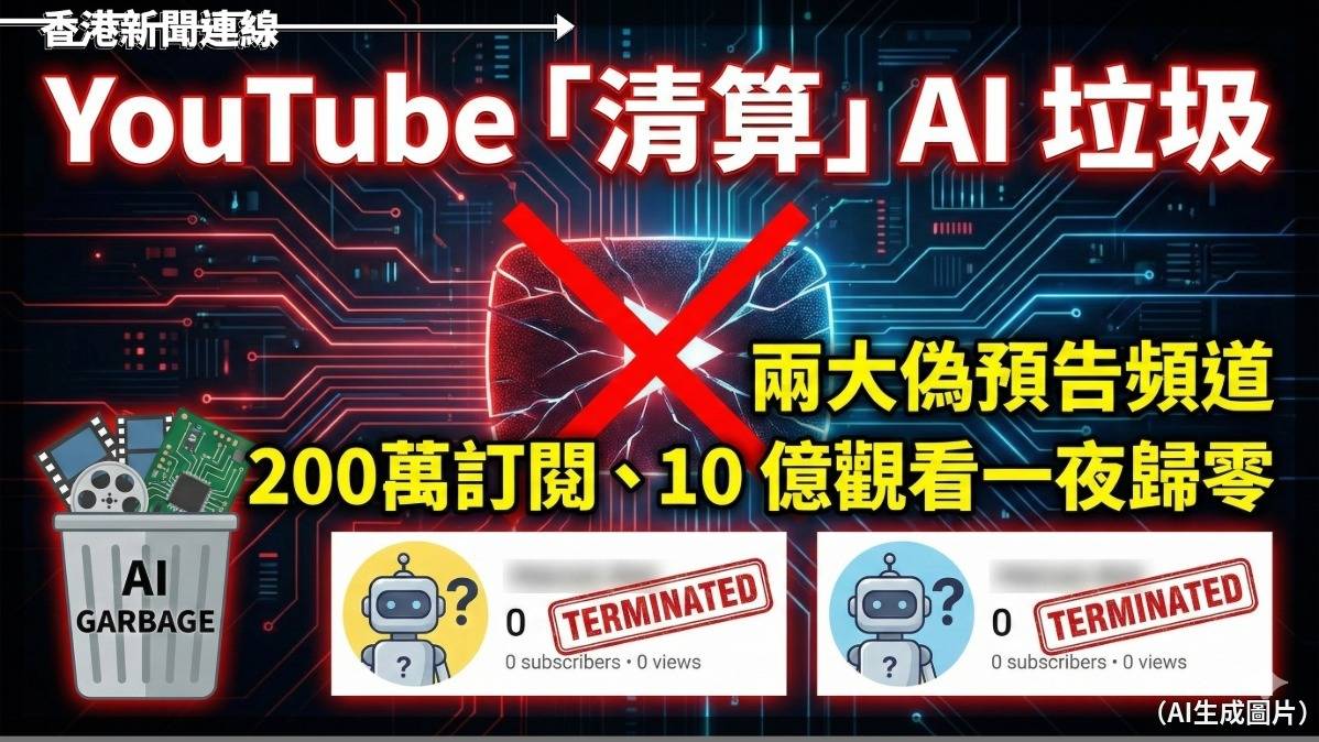 YouTube 「清算」AI 垃圾 兩大偽預告頻道 200萬訂閱、10 億觀看一夜歸零